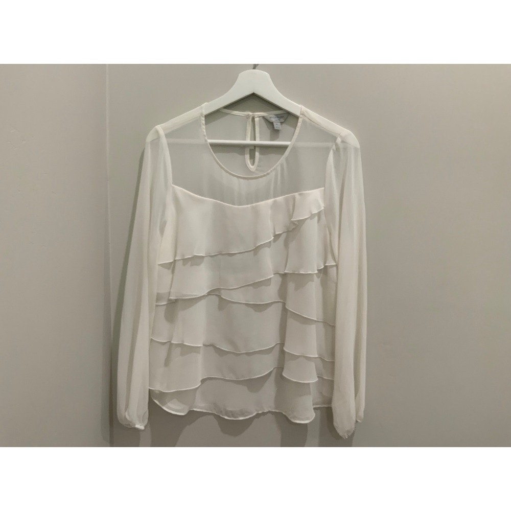 Belle Sky Petite PL White Yellow Floral Short Sleeve Keyhole Back Blouse Top